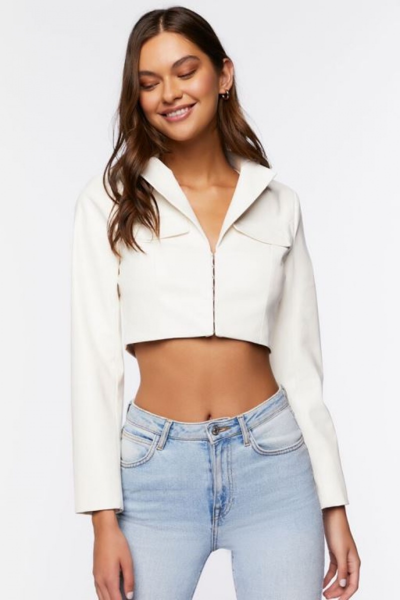 Blazer Forever 21 Faux Cuero Cropped Mujer Creme | wpJZosCGVtp