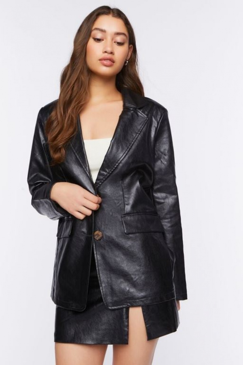 Blazer Forever 21 Faux Cuero Mujer Negras | yxSwXtkSYUJ