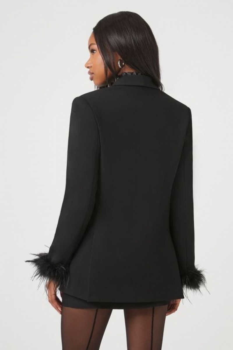 Blazer Forever 21 Faux Feather Trim Mujer Negras | ZrcNDWVbw2g