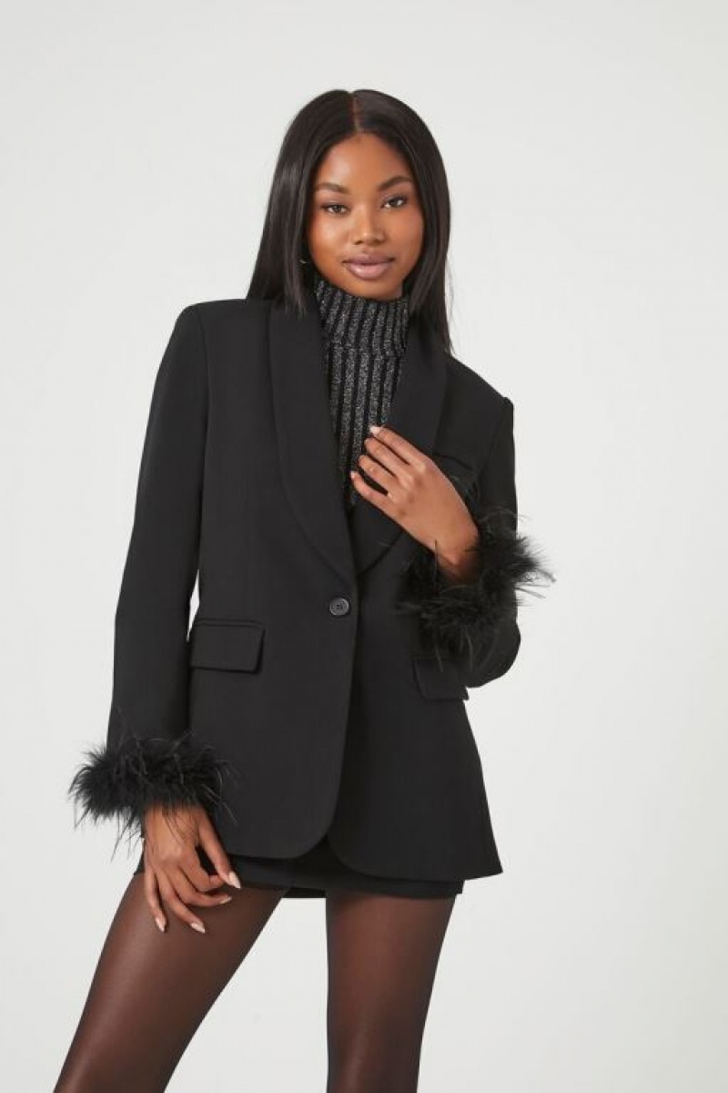 Blazer Forever 21 Faux Feather Trim Mujer Negras | ZrcNDWVbw2g