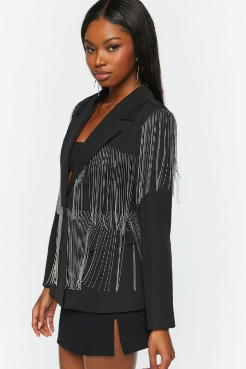 Blazer Forever 21 Fringe Single Breasted Mujer Negras | m6AZvop28ID