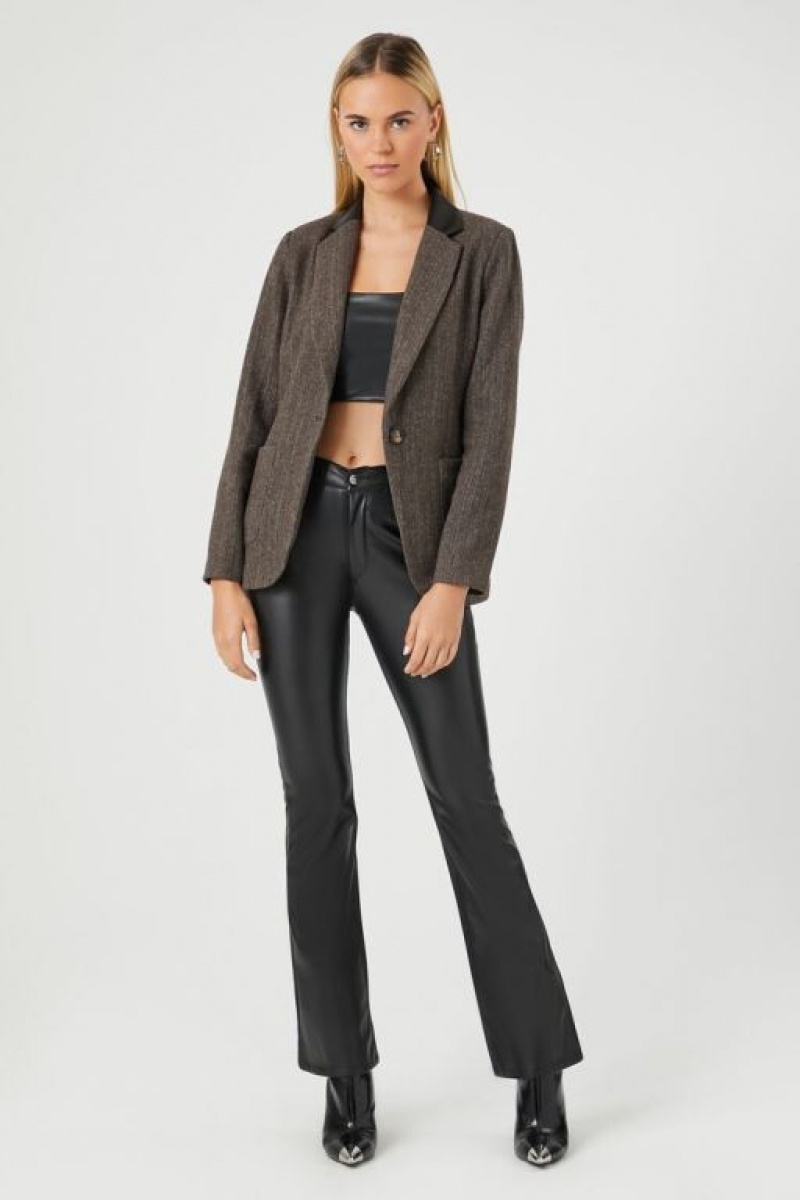 Blazer Forever 21 Herringbone Faux Cuero Trim Mujer Marrones Multicolor | B2K8pOfvSe6