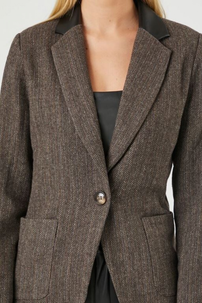 Blazer Forever 21 Herringbone Faux Cuero Trim Mujer Marrones Multicolor | B2K8pOfvSe6