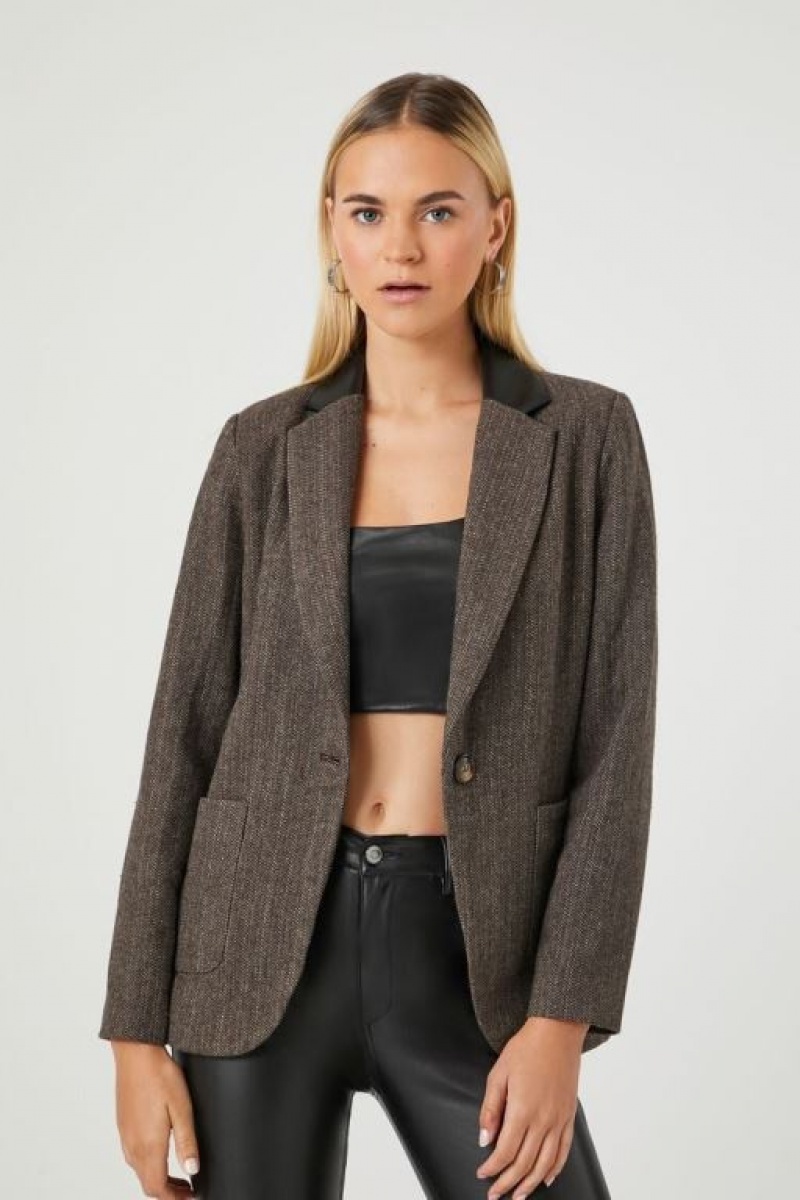 Blazer Forever 21 Herringbone Faux Cuero Trim Mujer Marrones Multicolor | B2K8pOfvSe6