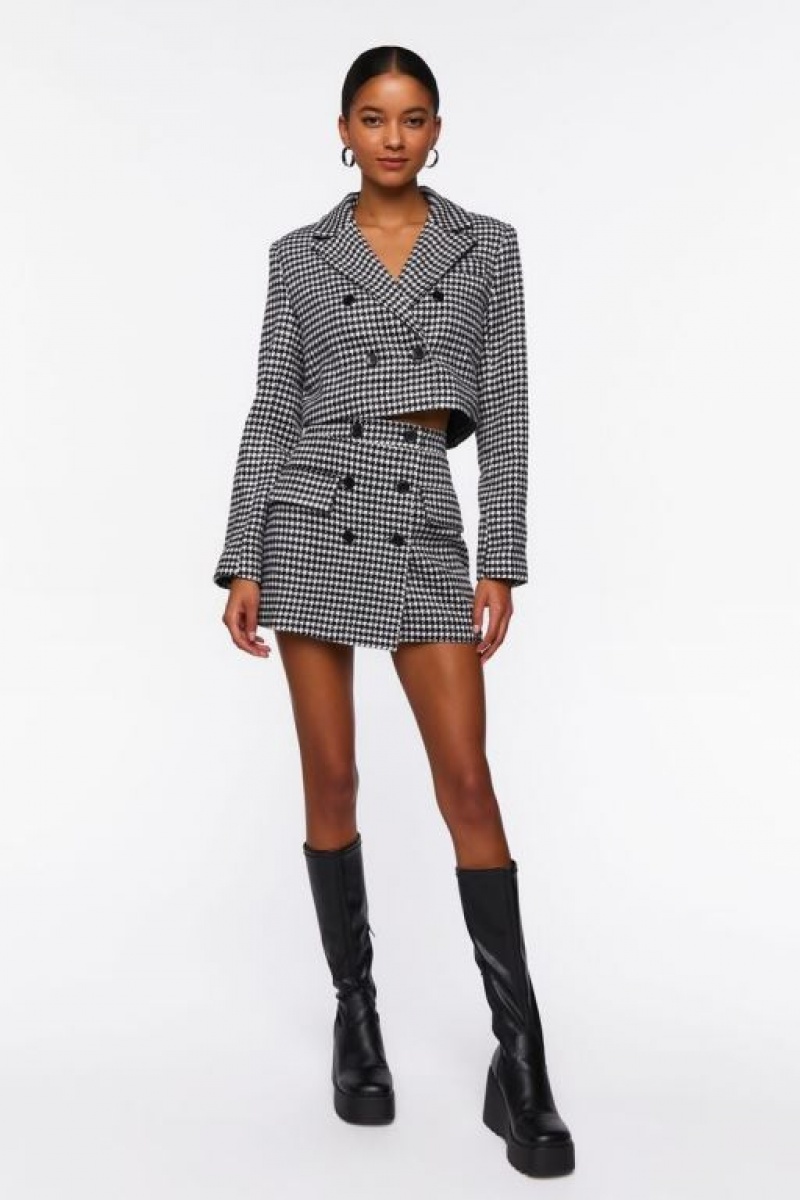 Blazer Forever 21 Houndstooth Double Breasted Mujer Negras Blancas | GBLc5tNSC9D