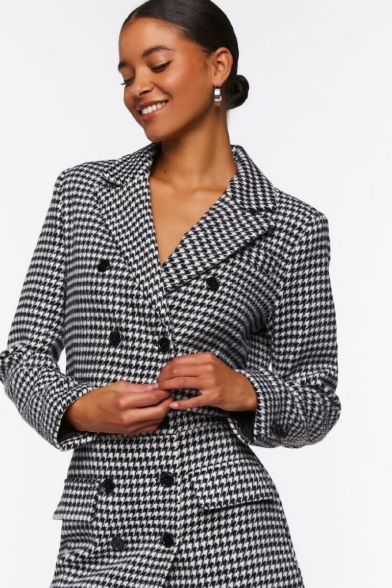 Blazer Forever 21 Houndstooth Double Breasted Mujer Negras Blancas | GBLc5tNSC9D