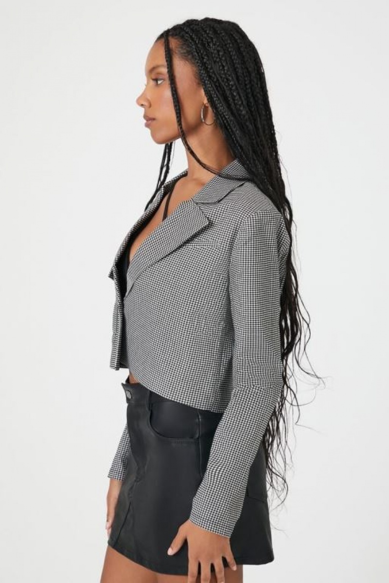 Blazer Forever 21 Jacquard Checkered Cropped Mujer Negras Blancas | G5sy8eKDvS3