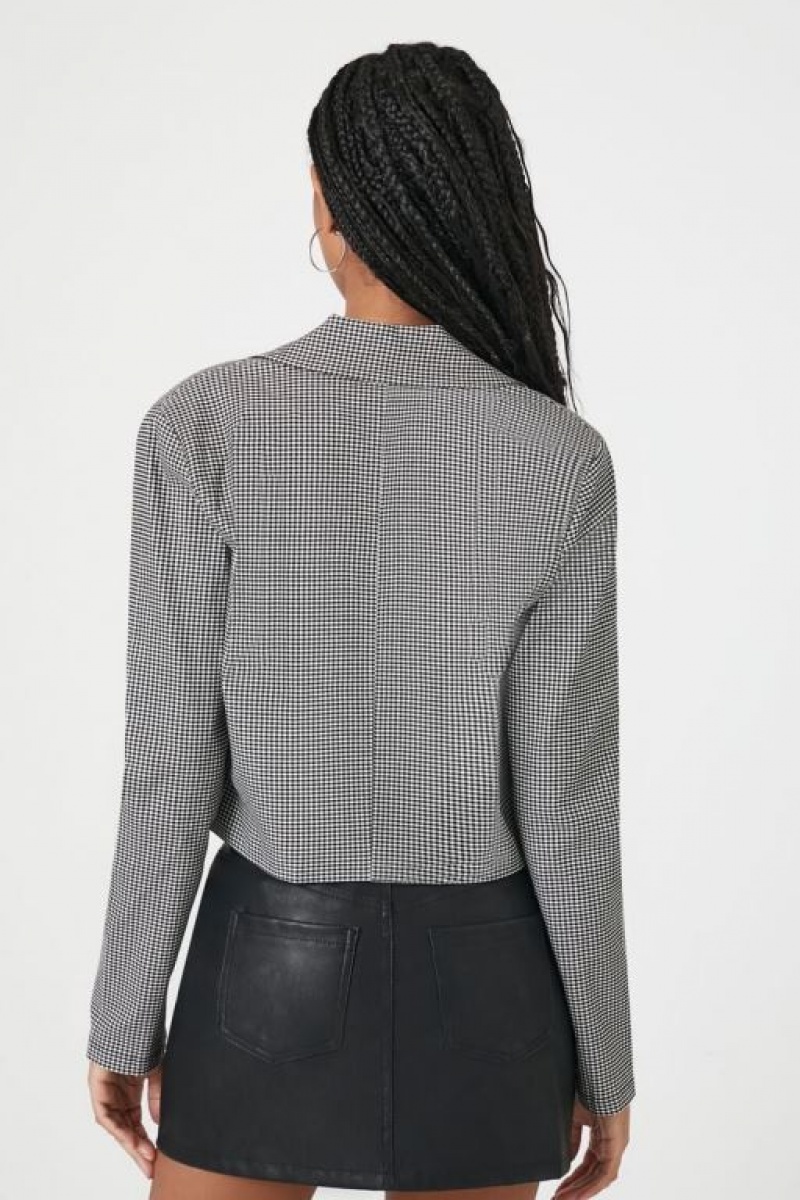 Blazer Forever 21 Jacquard Checkered Cropped Mujer Negras Blancas | G5sy8eKDvS3