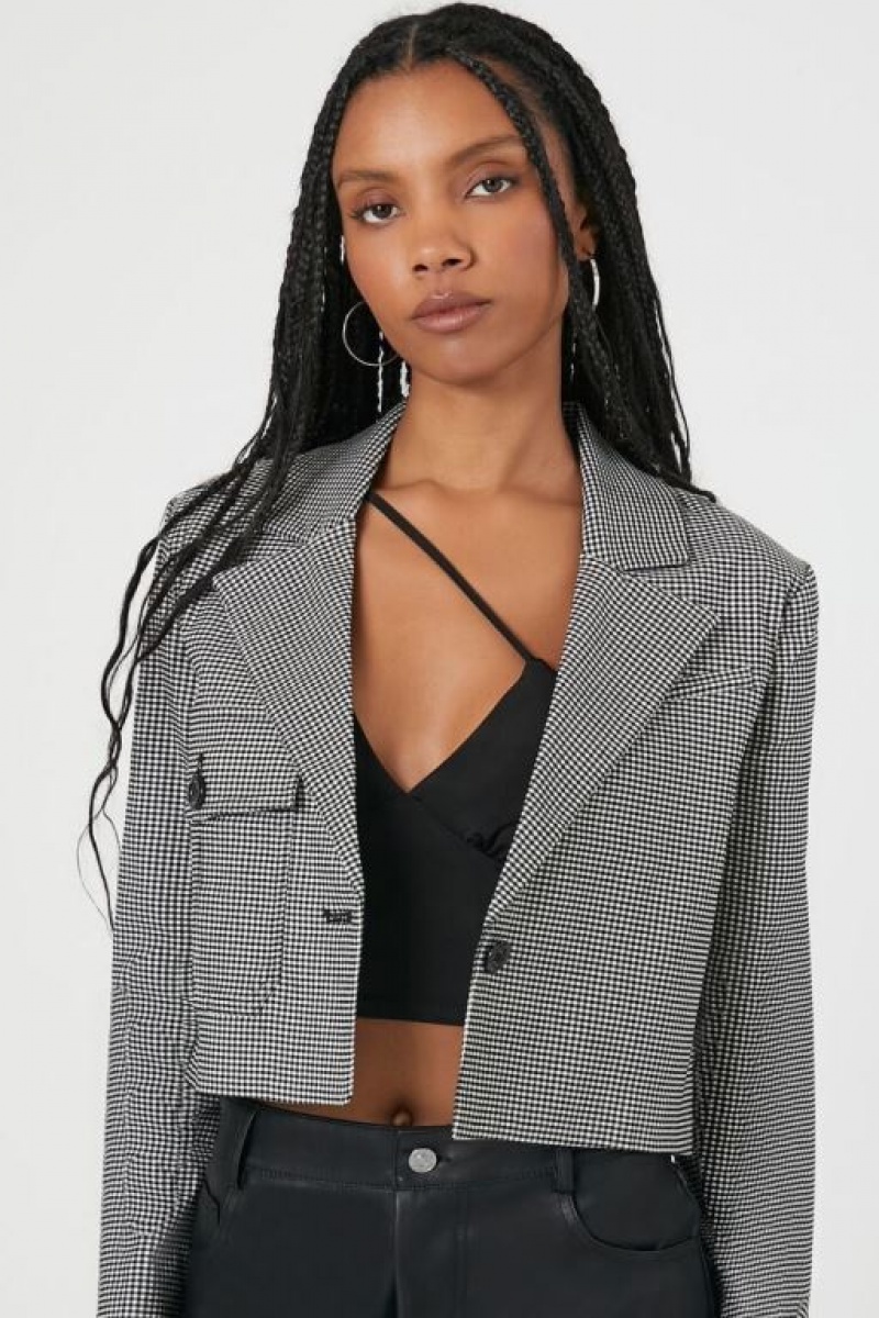 Blazer Forever 21 Jacquard Checkered Cropped Mujer Negras Blancas | G5sy8eKDvS3