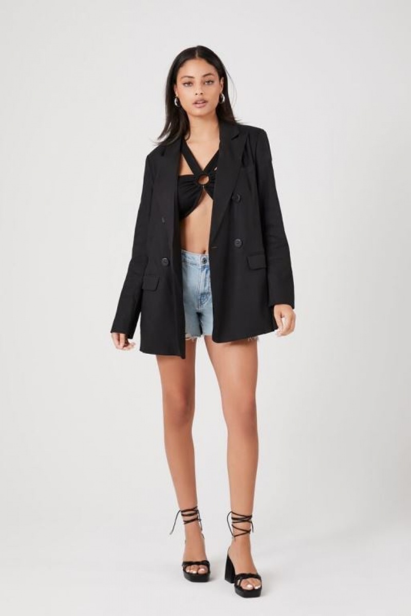 Blazer Forever 21 Linen Blend Double Breasted Mujer Negras | GbDv8VpZOVj