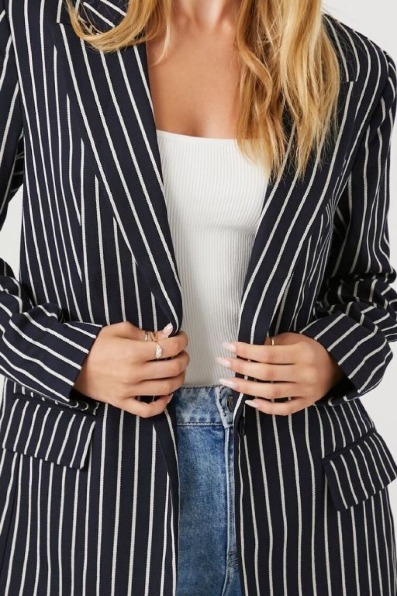 Blazer Forever 21 Notched A Rayas Mujer Azul Marino Blancas | mLMTzdm62Ls