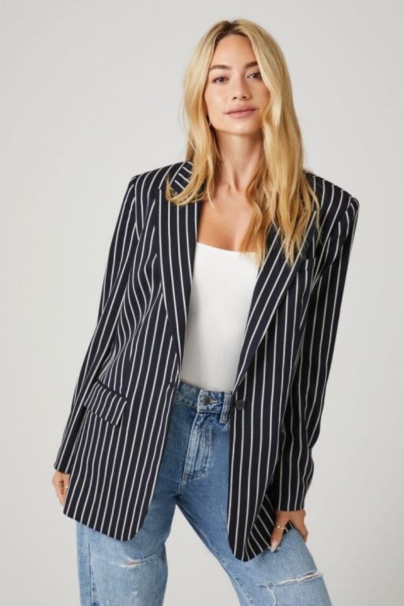 Blazer Forever 21 Notched A Rayas Mujer Azul Marino Blancas | mLMTzdm62Ls