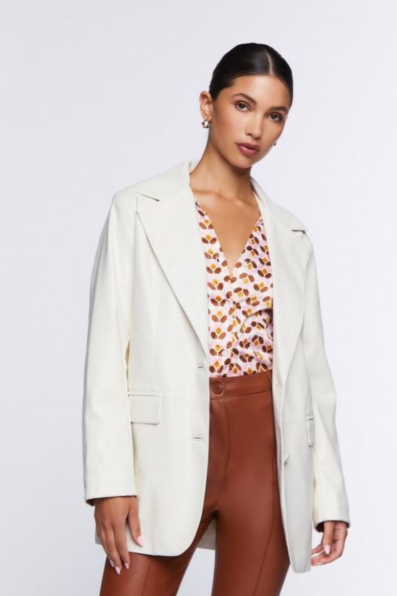 Blazer Forever 21 Notched Faux Cuero Mujer Creme | 6LBK9xh3AiJ