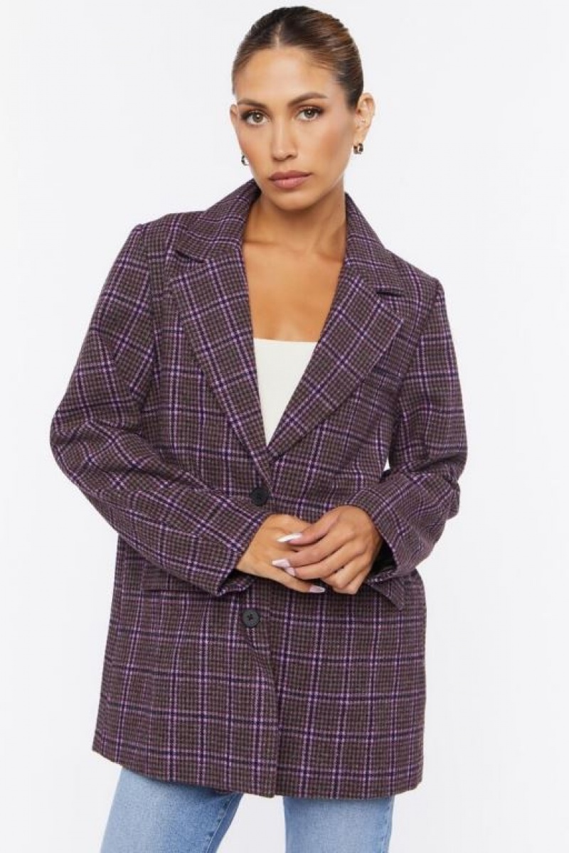 Blazer Forever 21 Notched Plaid Mujer Moradas Multicolor | EBVsWUlUGw7