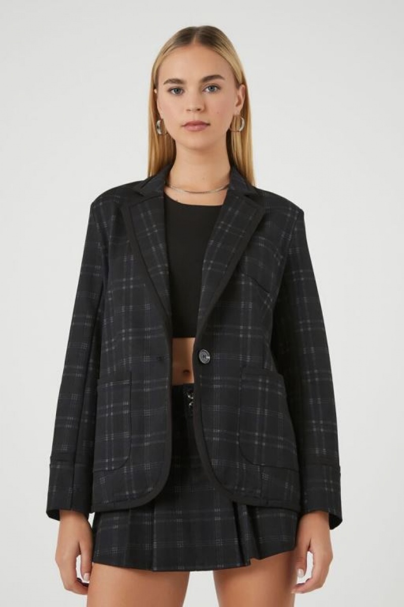 Blazer Forever 21 Notched Plaid Mujer Negras Multicolor | YrhnXexNiA6