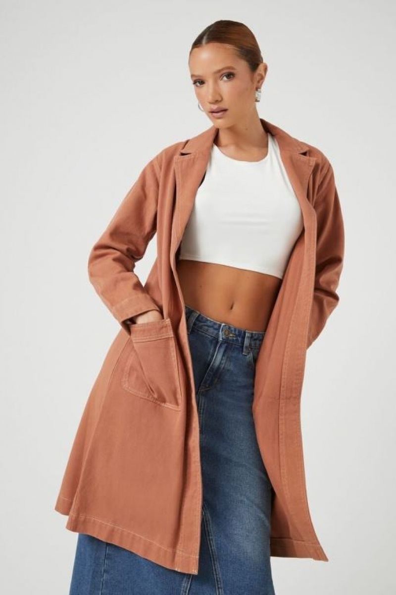 Blazer Forever 21 Open Front Twill Trench Coat Mujer Marrones | BOzxMhcYoPT