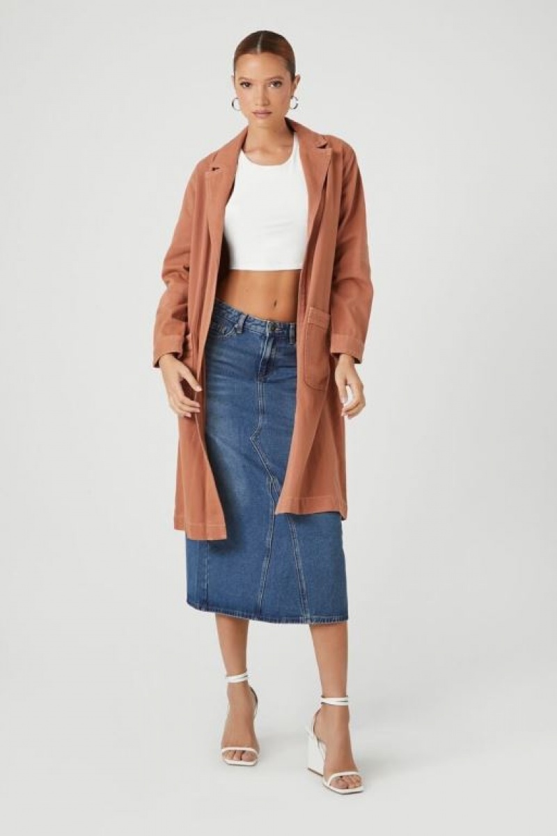 Blazer Forever 21 Open Front Twill Trench Coat Mujer Marrones | BOzxMhcYoPT