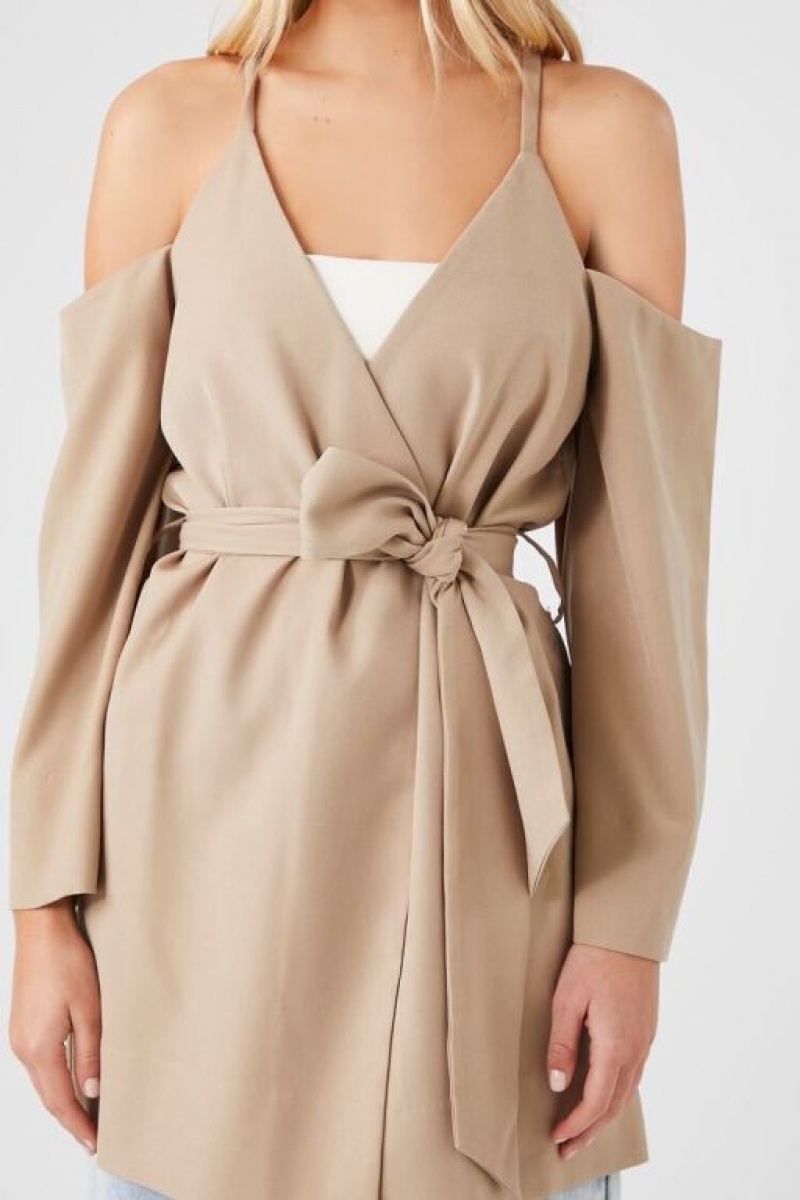 Blazer Forever 21 Open Shoulder Wrap Mujer Kaki | IPH1FiwzOMI