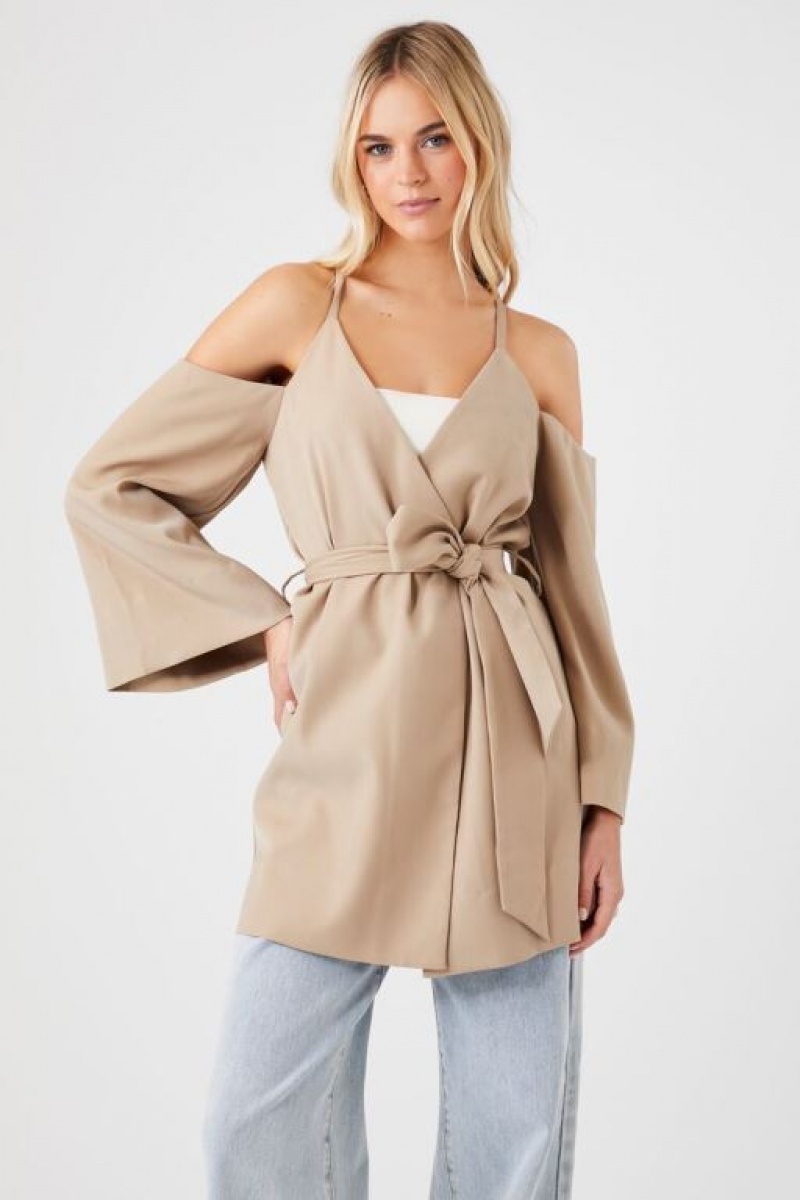 Blazer Forever 21 Open Shoulder Wrap Mujer Kaki | IPH1FiwzOMI