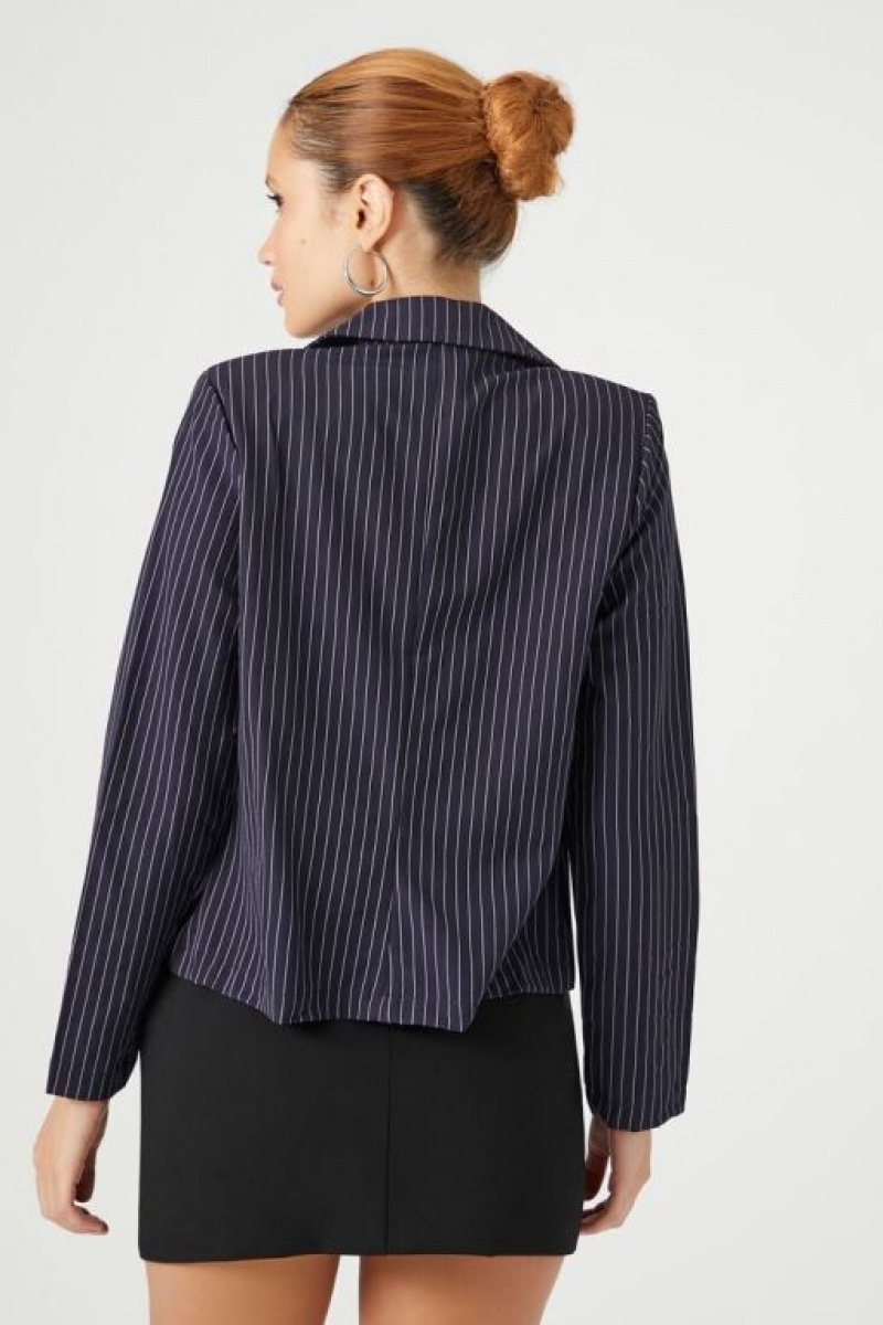 Blazer Forever 21 Pinstriped Notched Mujer Azul Marino Blancas | evG3I8um4SQ