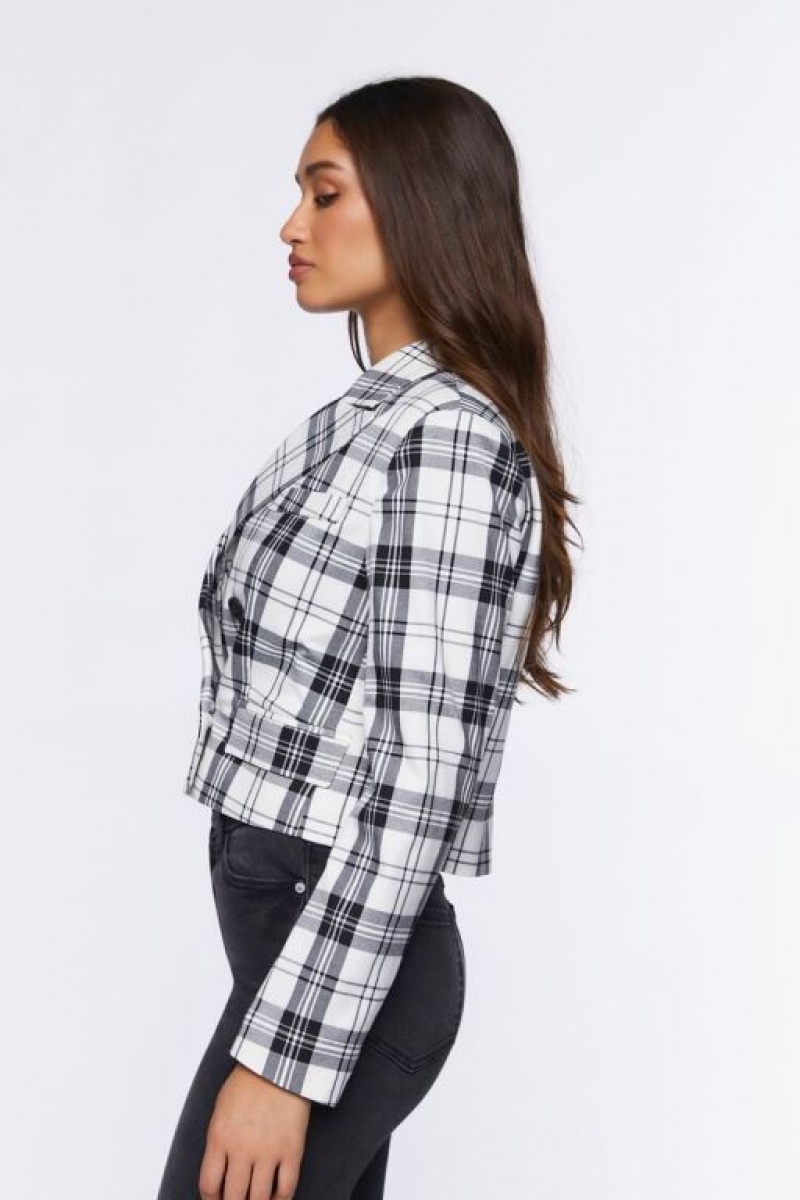 Blazer Forever 21 Plaid Cropped Mujer Blancas Negras | jVYO3HlcrSW