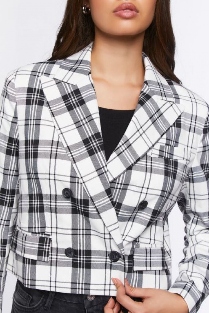 Blazer Forever 21 Plaid Cropped Mujer Blancas Negras | jVYO3HlcrSW