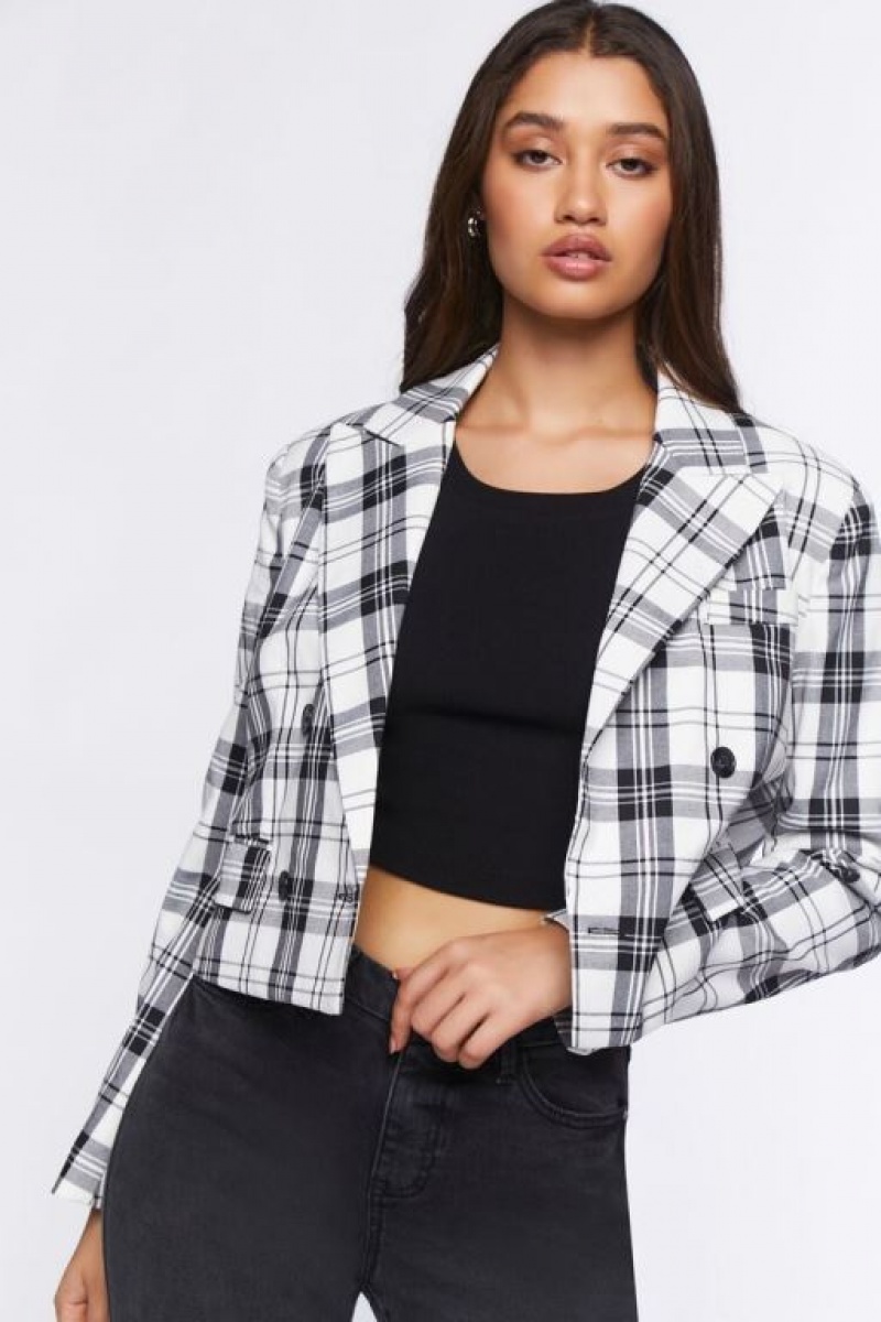 Blazer Forever 21 Plaid Cropped Mujer Blancas Negras | jVYO3HlcrSW