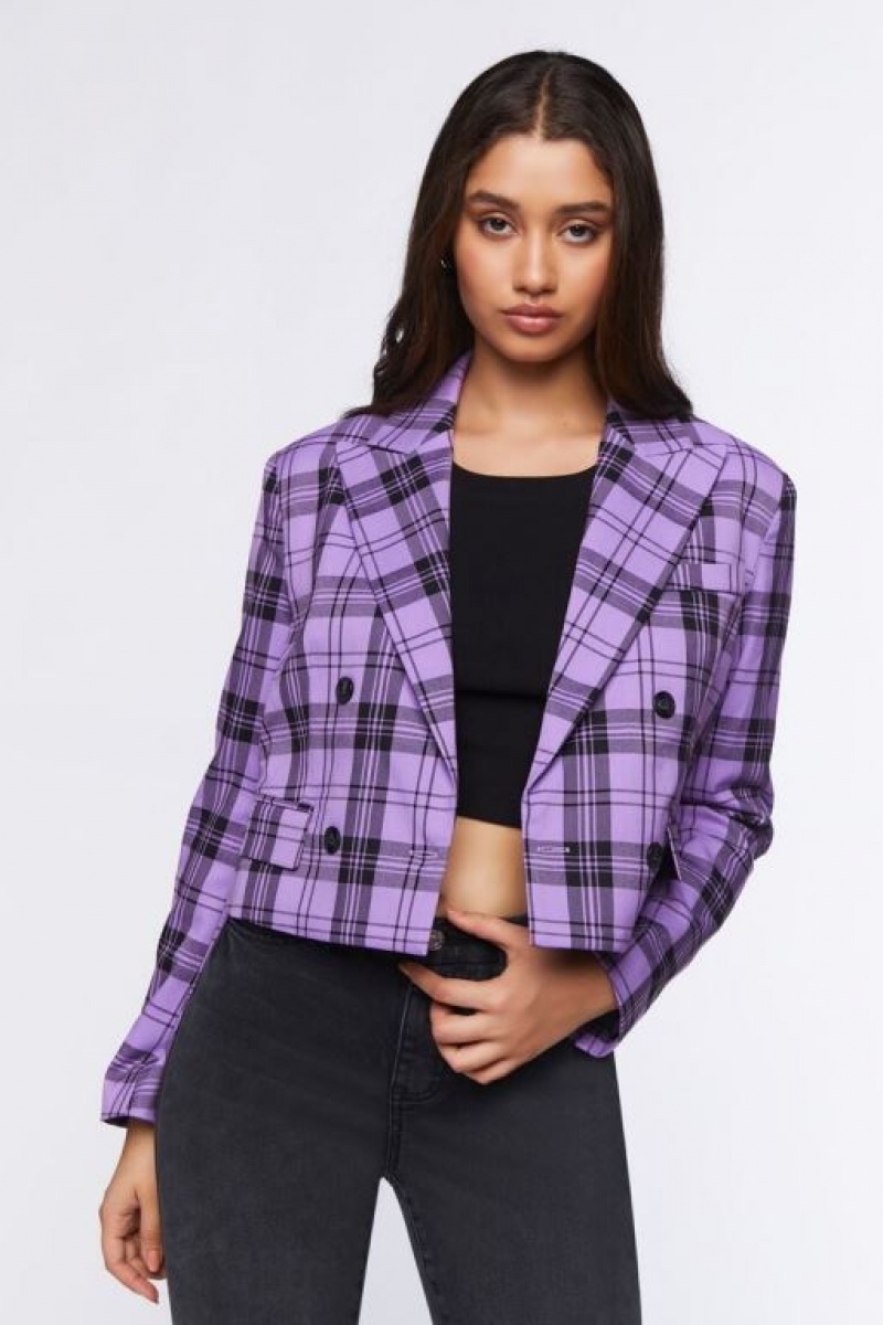 Blazer Forever 21 Plaid Cropped Mujer Moradas Negras | 2Bh5Ip5ktRu