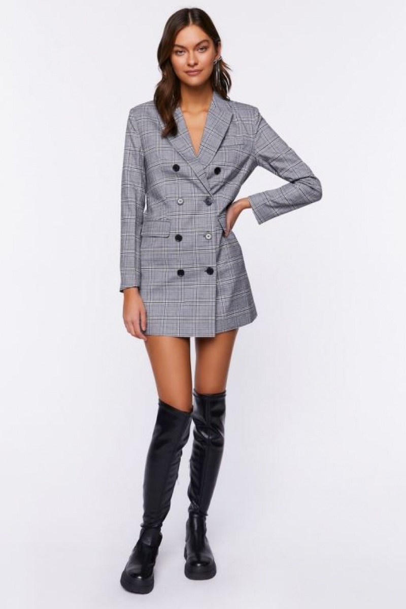 Blazer Forever 21 Plaid Double Breasted Mini Mujer Gris Multicolor | P7gxBGnRTVY