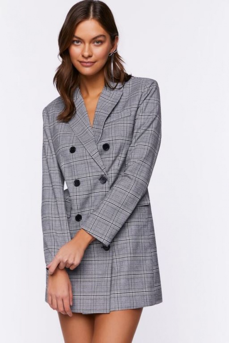 Blazer Forever 21 Plaid Double Breasted Mini Mujer Gris Multicolor | P7gxBGnRTVY