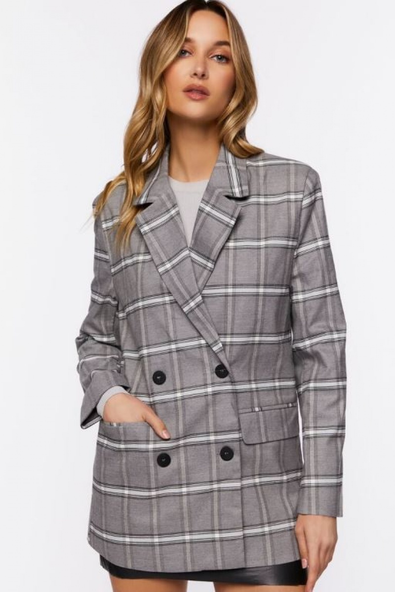 Blazer Forever 21 Plaid Double Breasted Mujer Gris Multicolor | IWKD2PQqtHr