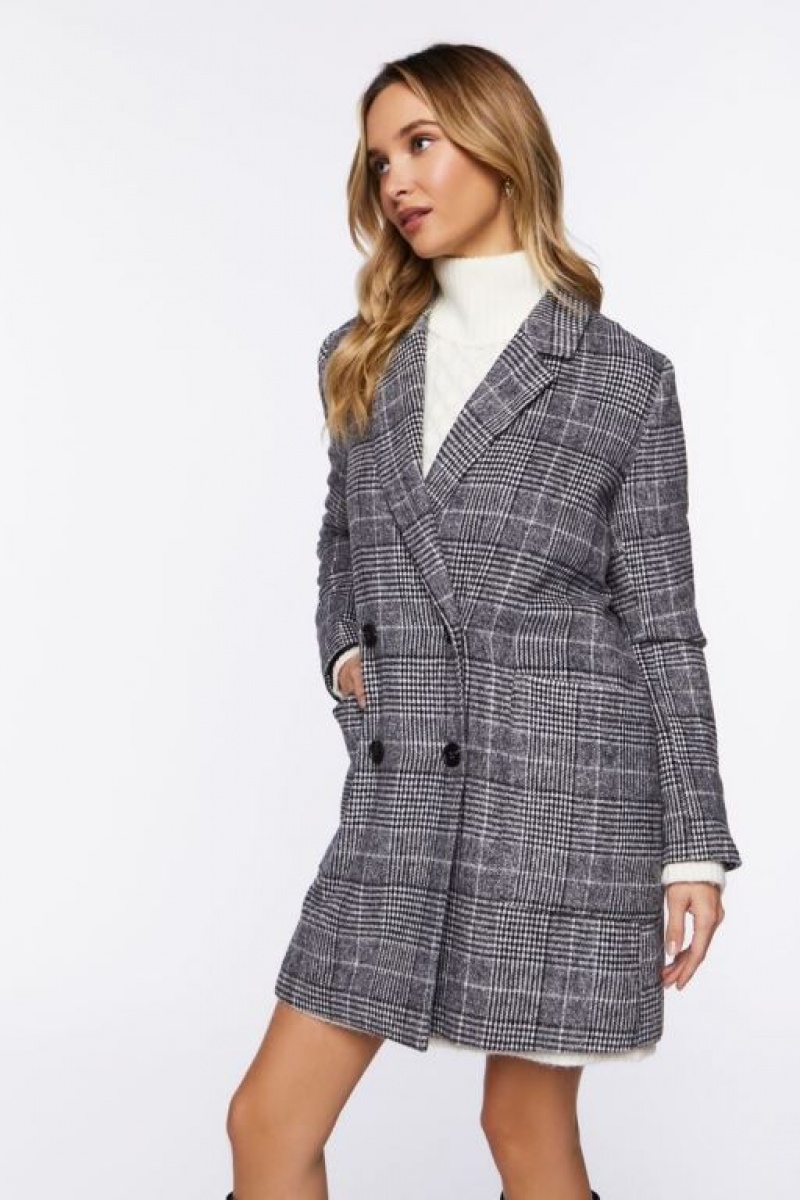 Blazer Forever 21 Plaid Double Breasted Mujer Negras Blancas | DfNa6OqV1Sv