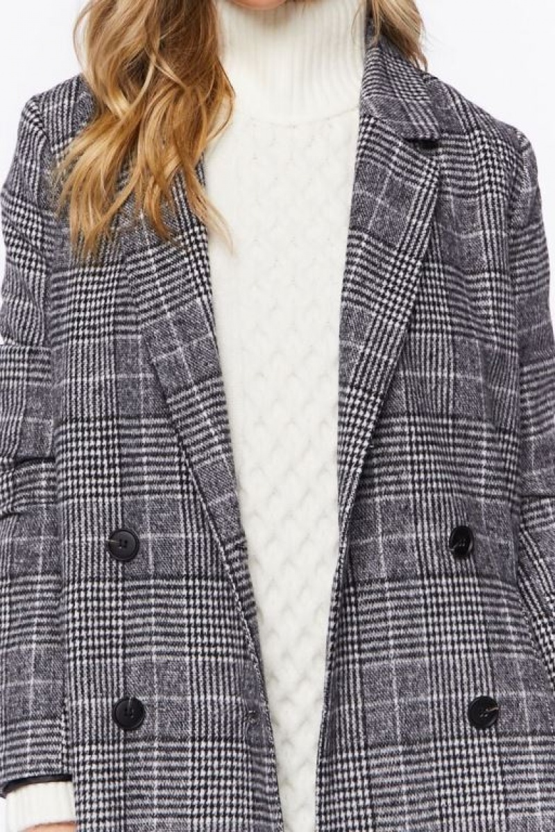 Blazer Forever 21 Plaid Double Breasted Mujer Negras Blancas | DfNa6OqV1Sv