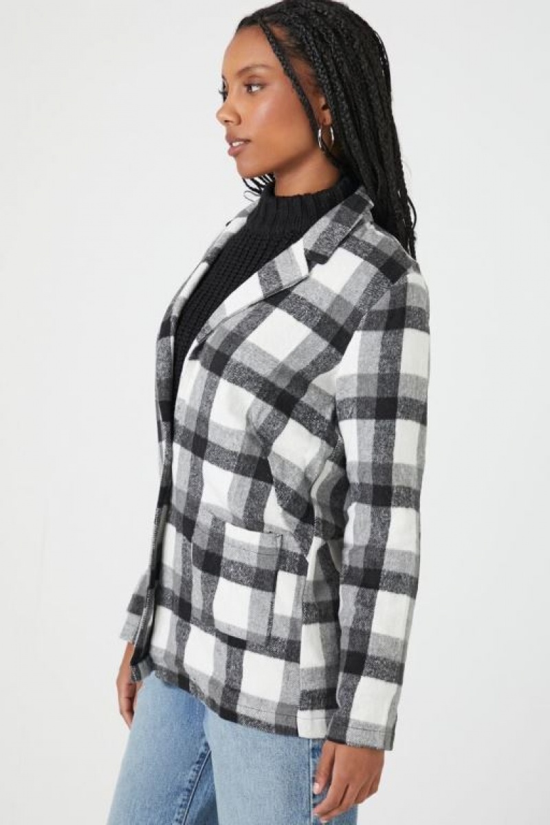 Blazer Forever 21 Plaid Notched Mujer Negras Blancas | f1shDTZ9Gcp