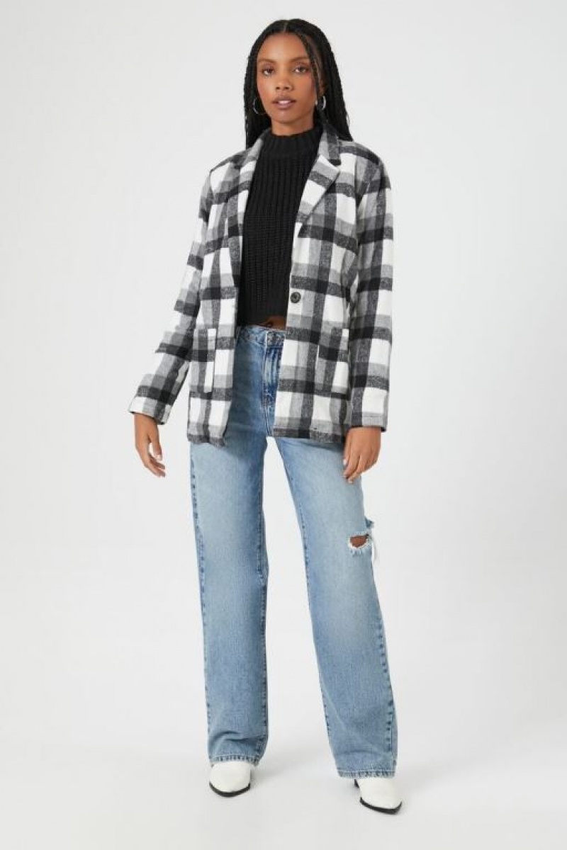 Blazer Forever 21 Plaid Notched Mujer Negras Blancas | f1shDTZ9Gcp