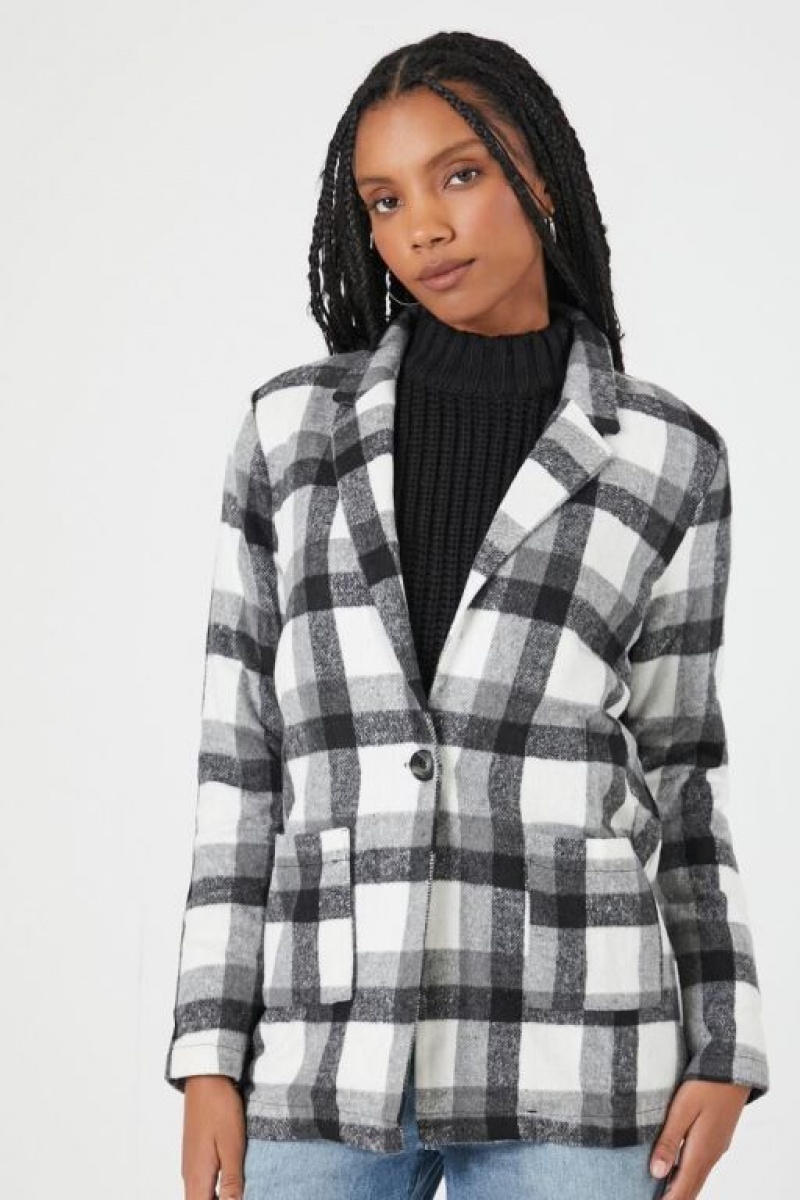 Blazer Forever 21 Plaid Notched Mujer Negras Blancas | f1shDTZ9Gcp