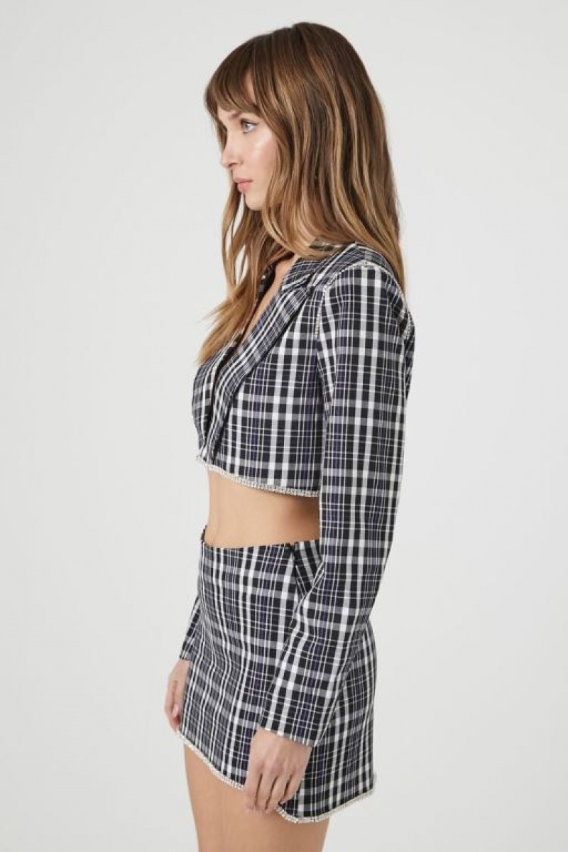 Blazer Forever 21 Plaid Rhinestone Trim Cropped Mujer Negras Multicolor | JU0fK1PpbS6