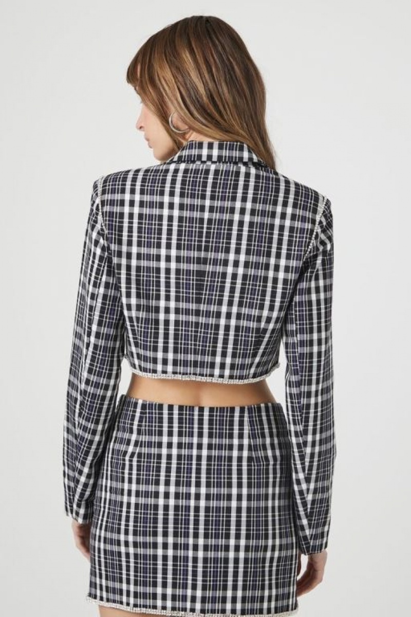 Blazer Forever 21 Plaid Rhinestone Trim Cropped Mujer Negras Multicolor | JU0fK1PpbS6