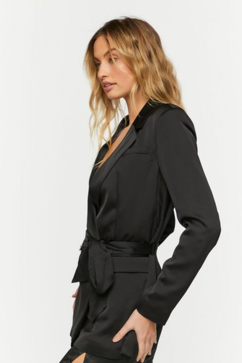 Blazer Forever 21 Satin Belted Double Breasted Mujer Negras | B1m6OHjQ3Mg