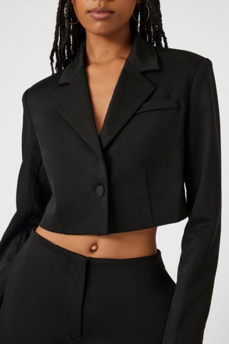 Blazer Forever 21 Satin Notched Cropped Mujer Negras | d9izFdwcBhF