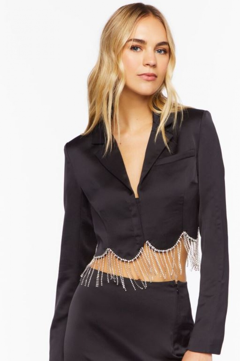 Blazer Forever 21 Satin Rhinestone Fringe Mujer Negras | kpK7dRmvNek