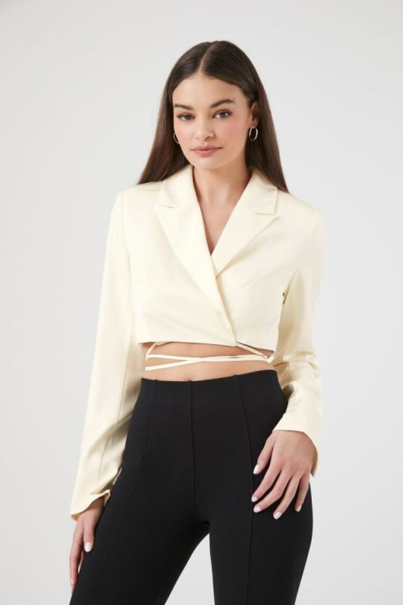 Blazer Forever 21 Satin Wraparound Cropped Mujer Amarillo Claro | yN2SiETJ7BR