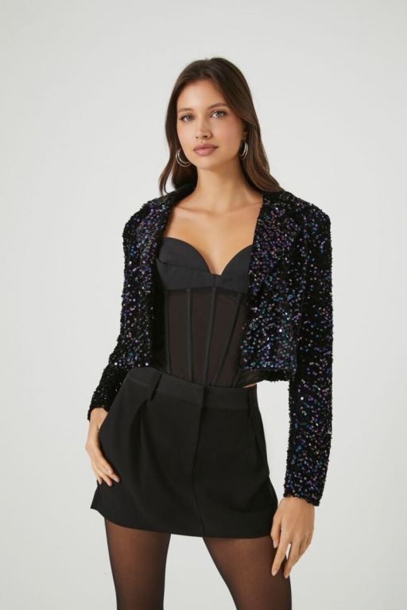 Blazer Forever 21 Sequin Cropped Mujer Negras Multicolor | tdCFeAcq6ke