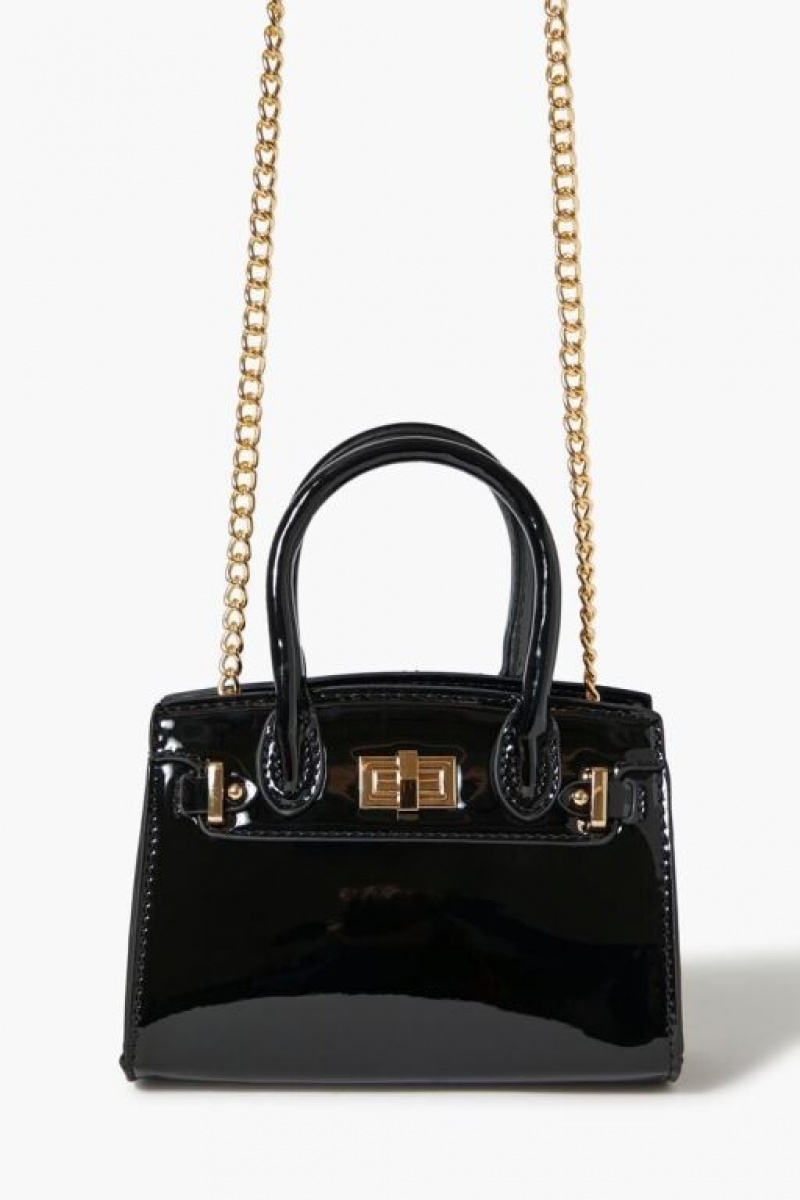 Bolsas Forever 21 Faux Patent Cuero Crossbody Mujer Negras | COd7M76EHgL