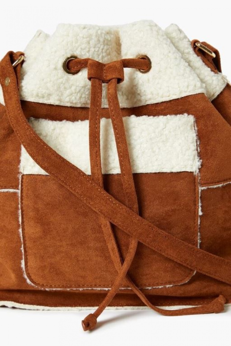 Bolsas Forever 21 Faux Shearling Trim Bucket Mujer Marrones | Rty4fym4GzT