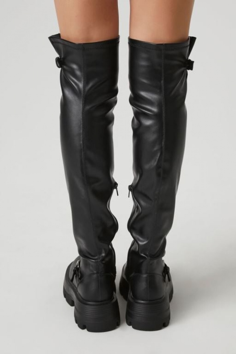 Botas Forever 21 Buckled Faux Cuero Knee High Mujer Negras | sHeiuM60LO1