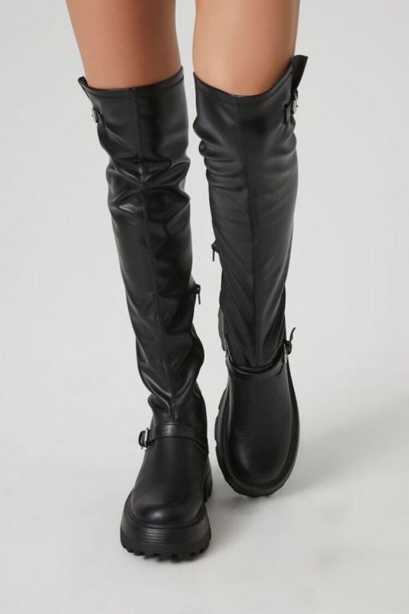 Botas Forever 21 Buckled Faux Cuero Knee High Mujer Negras | sHeiuM60LO1