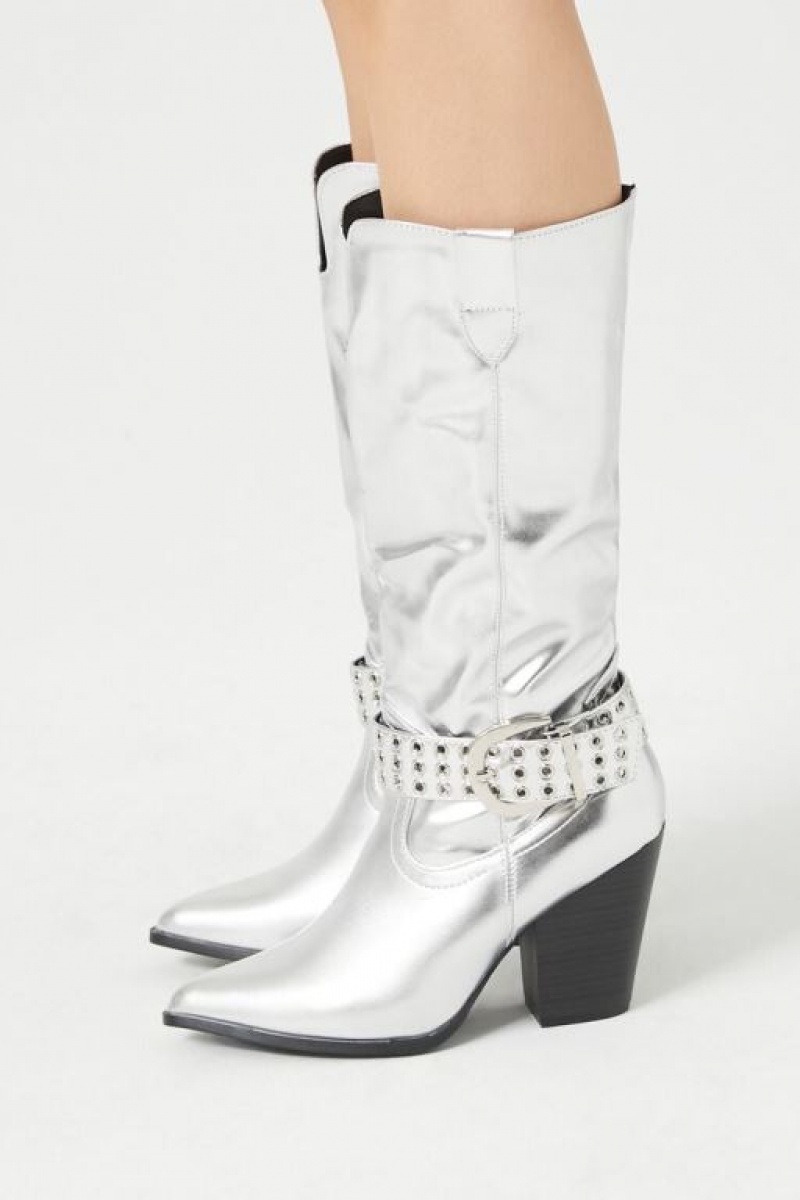 Botas Forever 21 Buckled Metallic Cowboy Mujer Plateadas | qnKQmzZpeKO