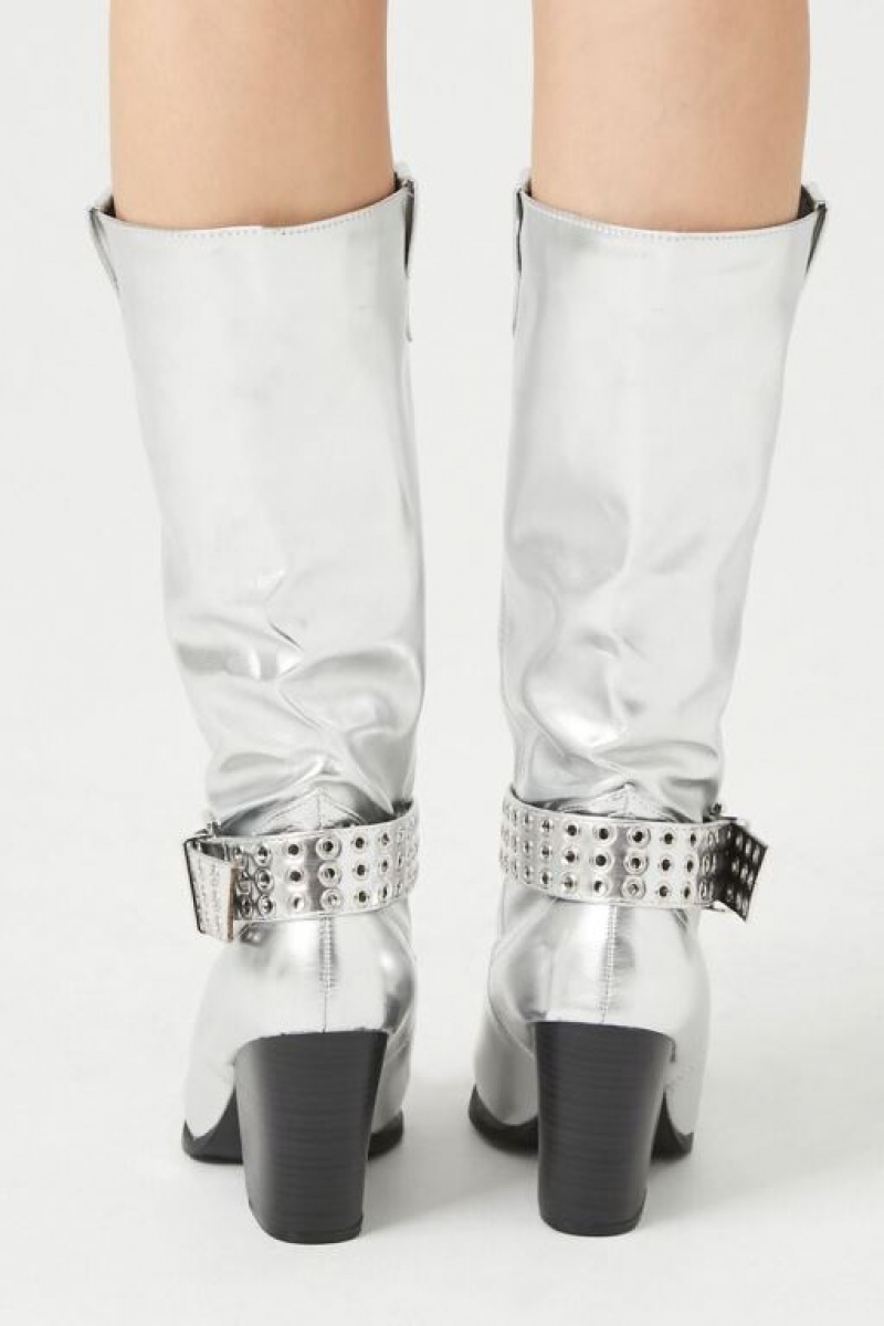 Botas Forever 21 Buckled Metallic Cowboy Mujer Plateadas | qnKQmzZpeKO