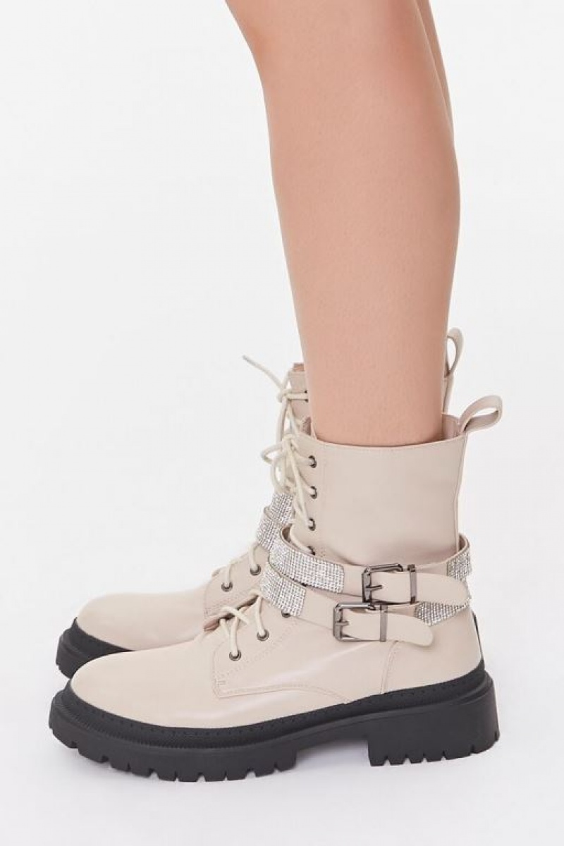 Botas Forever 21 Buckled Rhinestone Combat Booties Mujer Creme | lcXHvria9Yc